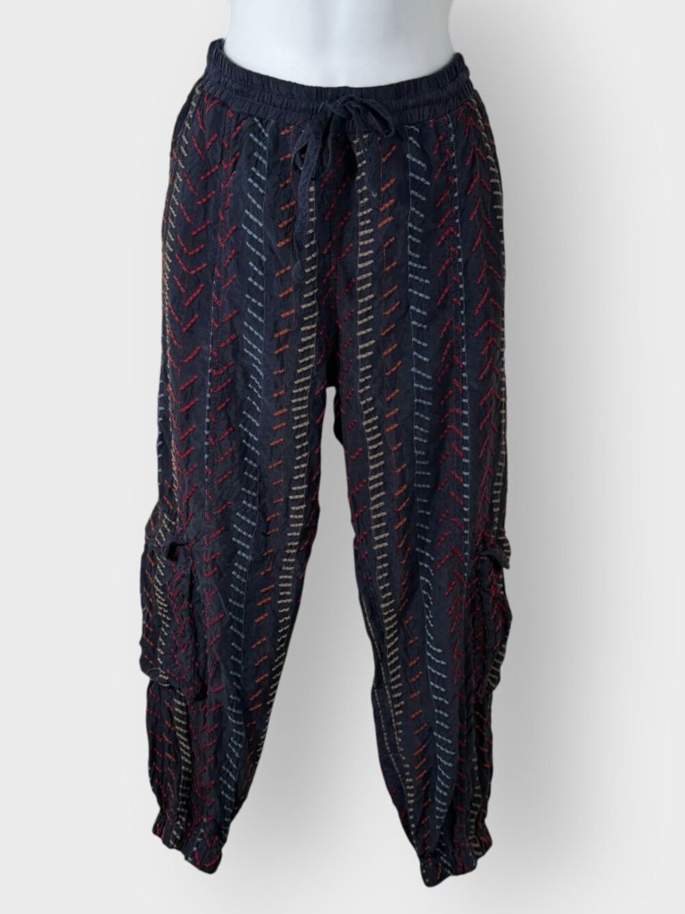 Johnny Was Pete & Greta Arowal Cargo Jogger Pants | S | Blue Embroidered | READ